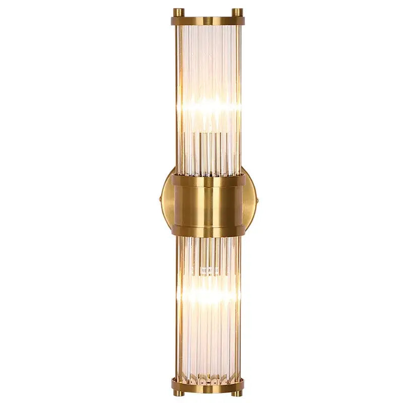 Modern gold-toned glass rod wall sconce with vertical rods and circular mounting plate for bathroom vanity lights