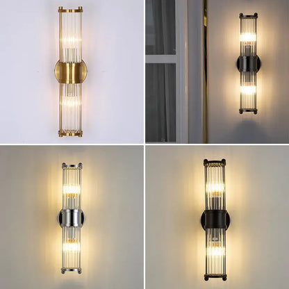 Modern chrome glass rod wall sconce with vertical glass tubes and metallic accents for bathroom vanity lights