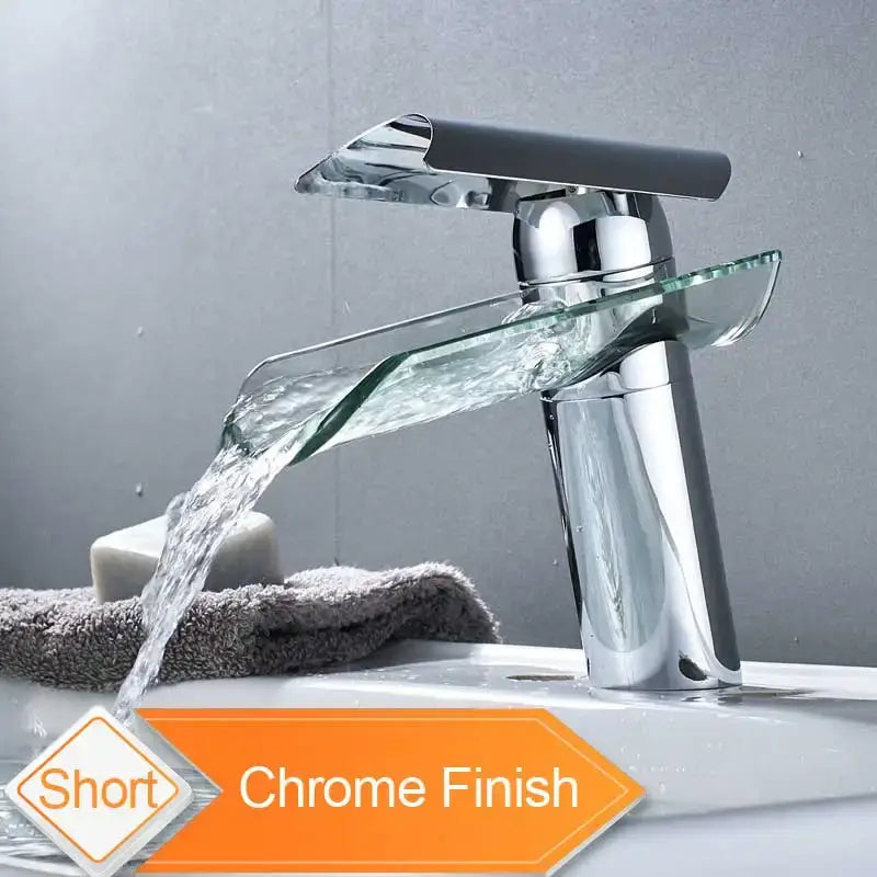 Modern chrome glass spout basin faucet with sleek curved glass spout and black handle for bathroom waterfall design