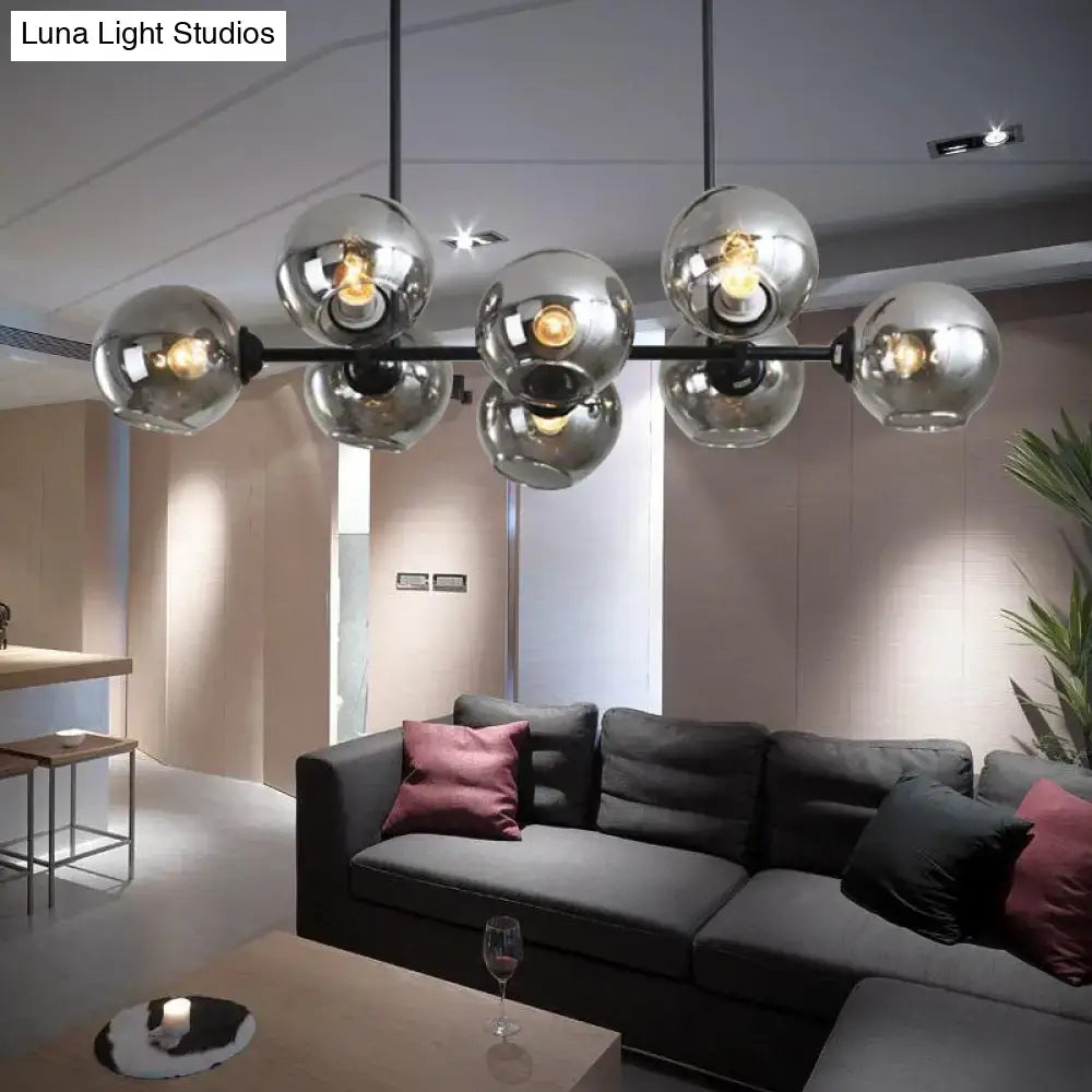 DecorBites modern black island lighting with chrome spherical hanging lamp kit and multiple glowing bulbs for living room