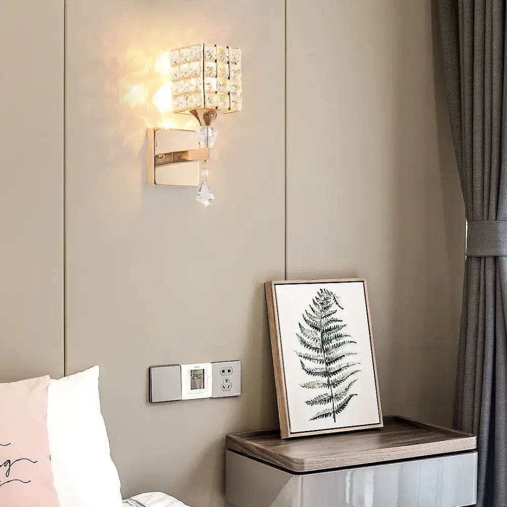 Modern chrome and gold decorbites crystal led wall light with faceted crystals and teardrop pendant for living room decor