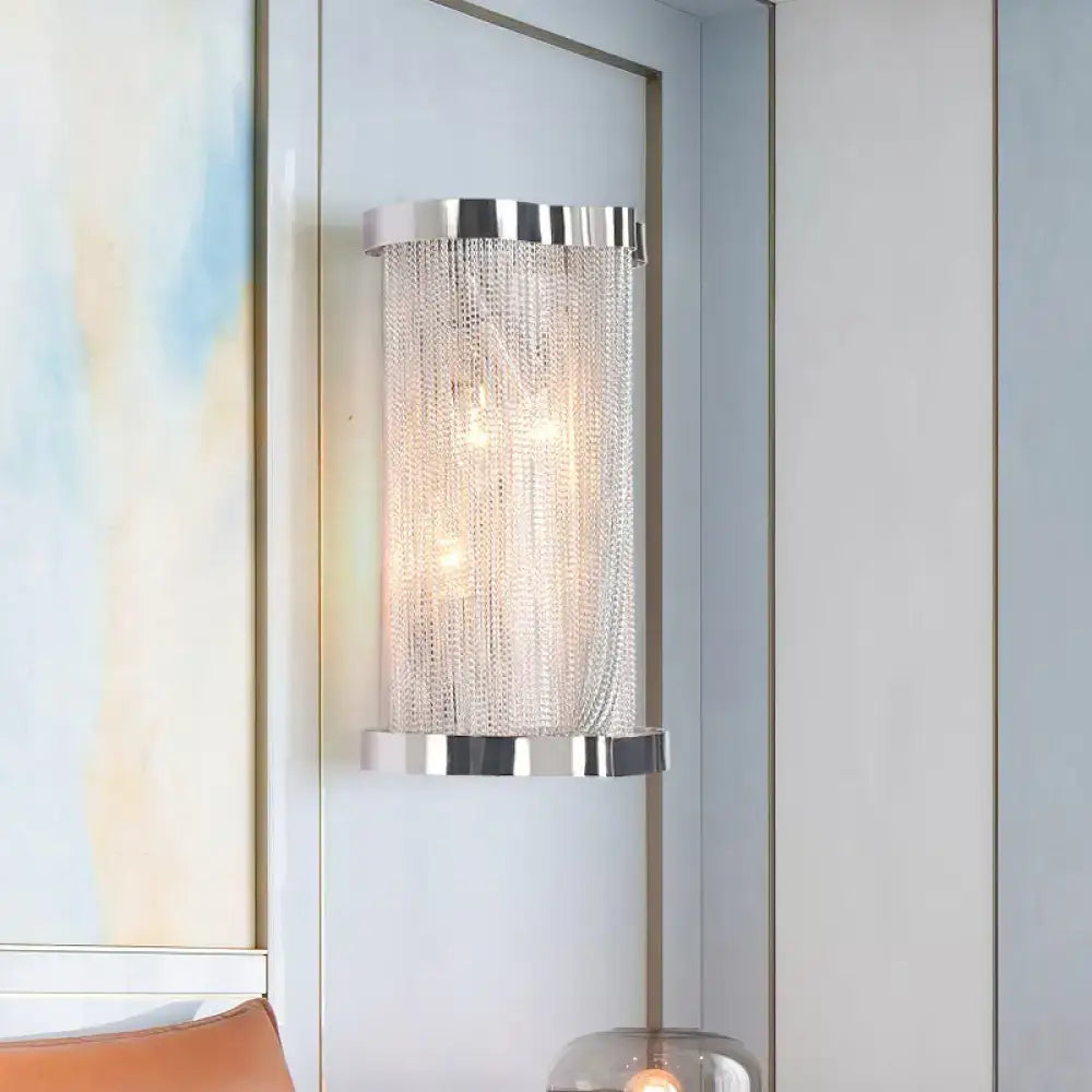 Modern chrome and gold wall lamp with cylindrical frame and crystal tassel chains for bedroom lighting set of 2