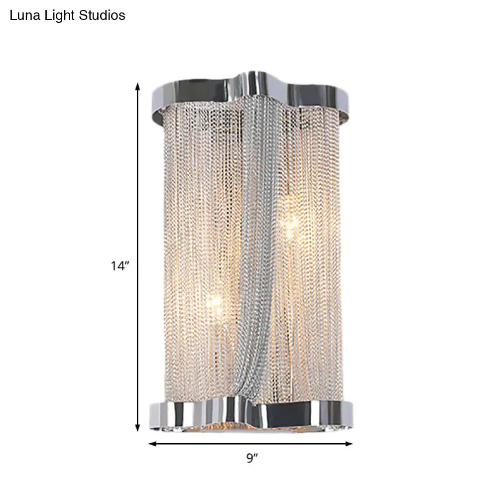 Modern chrome and gold crystal tassel wall lamp with cascading silver chain links and sleek design set of 2