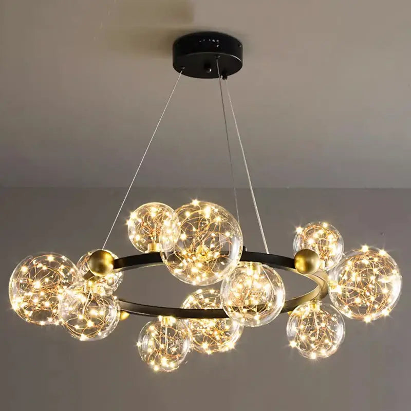 Modern black metal decorbites crystal chandelier with clear glass spheres and gold accents for living room lighting