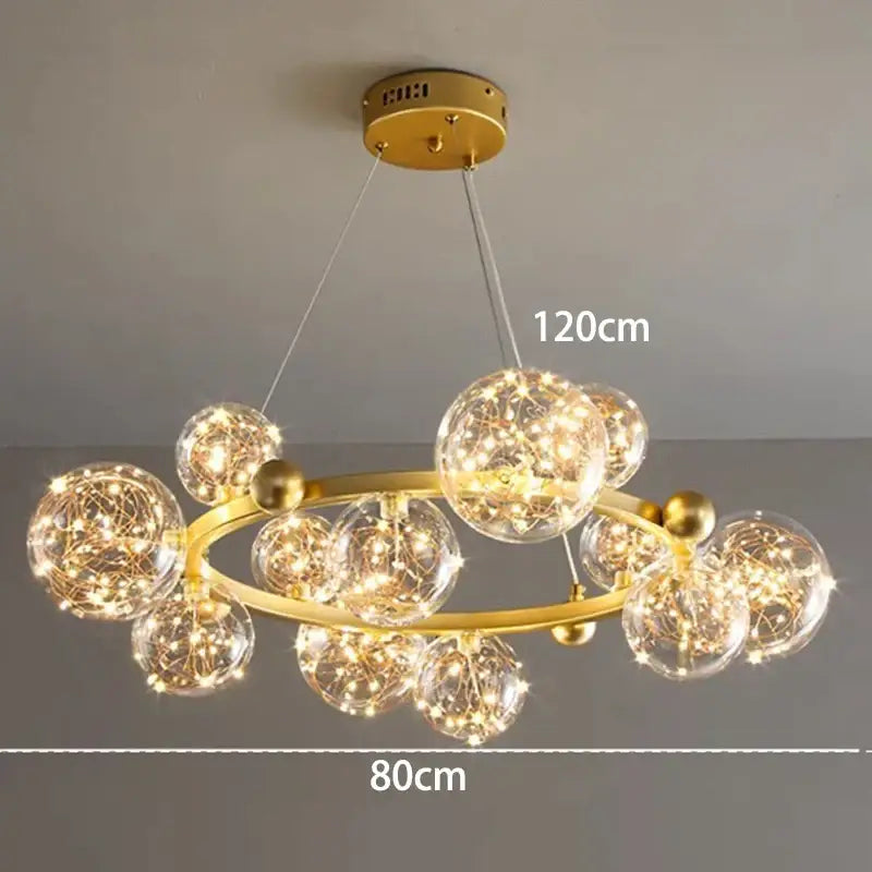 Modern chrome and gold decorbites crystal chandelier with glass spheres and warm fairy lights for living room lighting