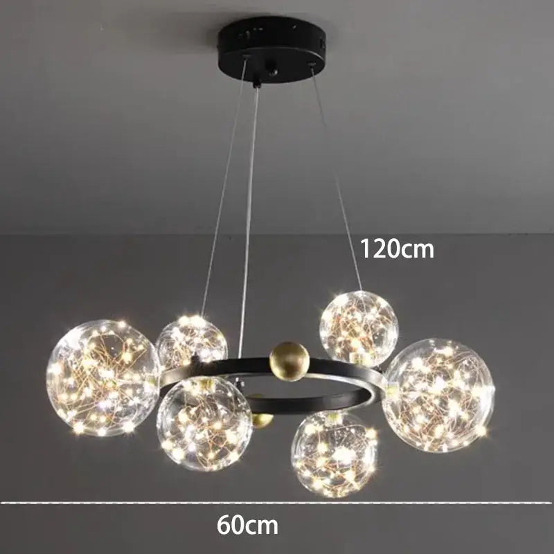 Modern chrome and gold decorbites crystal chandelier with black frame and six glass spheres for living room lighting