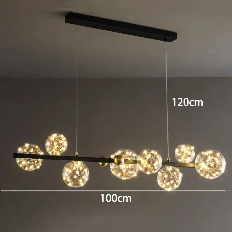Modern black metal decorbites crystal chandelier with seven glowing glass orbs for living room lighting