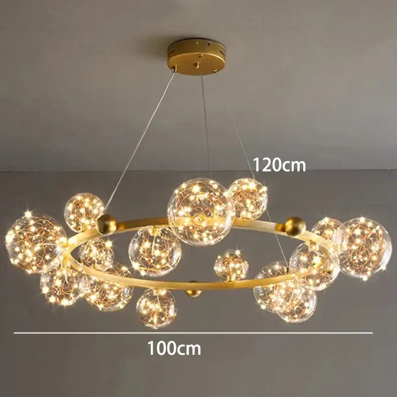 Modern chrome and gold decorbites crystal chandelier with transparent glass spheres and warm fairy lights for living room lighting