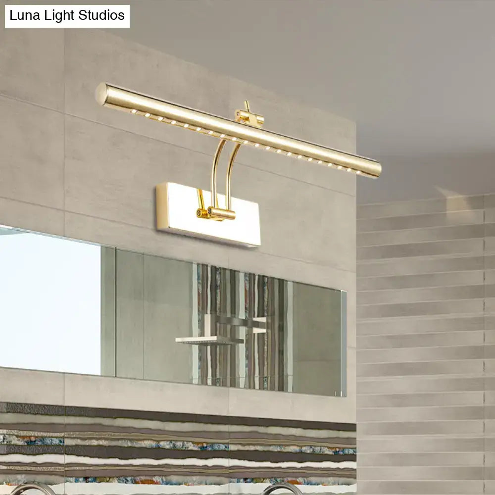 Modern chrome gold led bathroom wall lamp with tubular metal shade and adjustable arm for targeted illumination