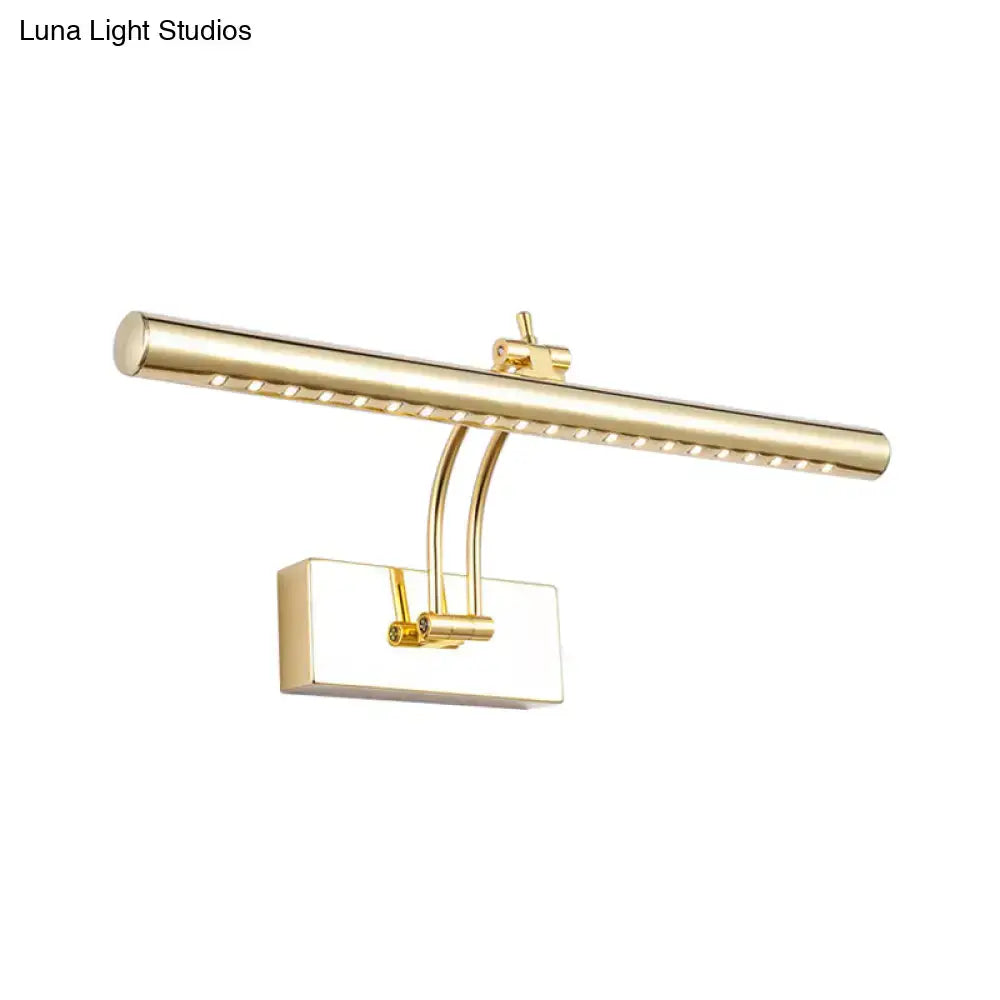 Gold-finished led bathroom wall lamp with chrome gold adjustable arm and tubular metal shade in modern design