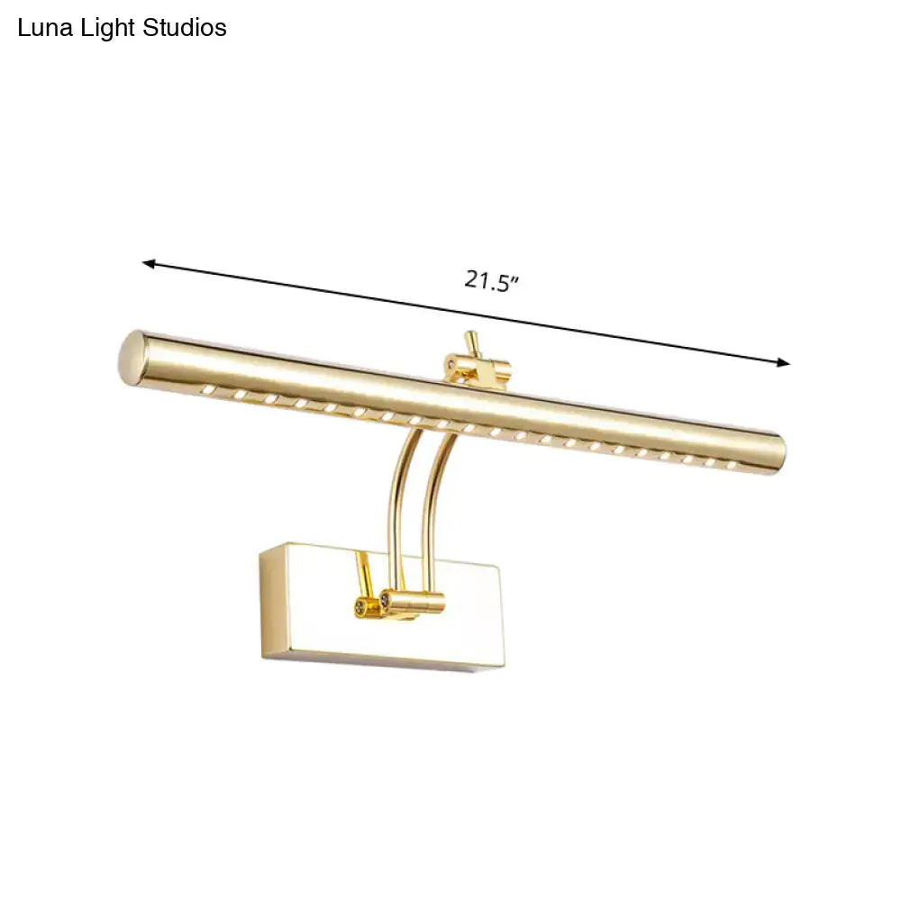 Gold-finished led bathroom wall lamp with chrome gold adjustable arm and tubular metal shade in a modern design