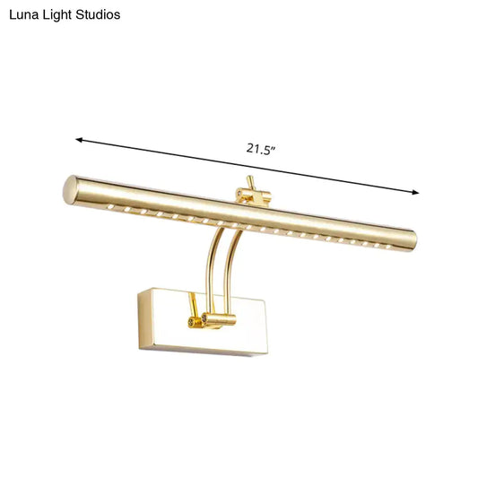 Gold-finished led bathroom wall lamp with chrome gold adjustable arm and tubular metal shade in a modern design