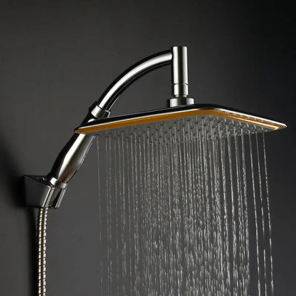 Modern chrome and gold decorbites 20cm square rainfall shower head with sleek rectangular design and gold-accented edge