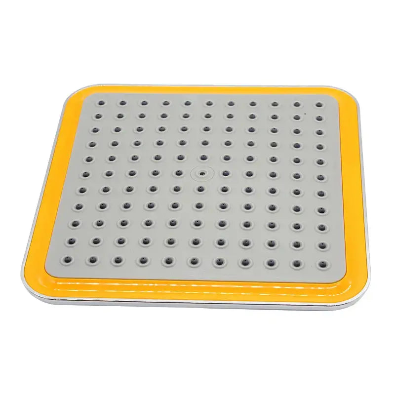 Modern chrome and gold 20cm square rainfall shower head with gray grid and yellow border by decorbites
