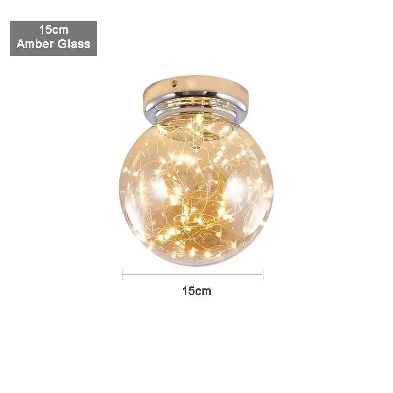 Modern chrome gypsophila led ceiling light with 15cm amber glass globe and warm white fairy lights for bedroom decor