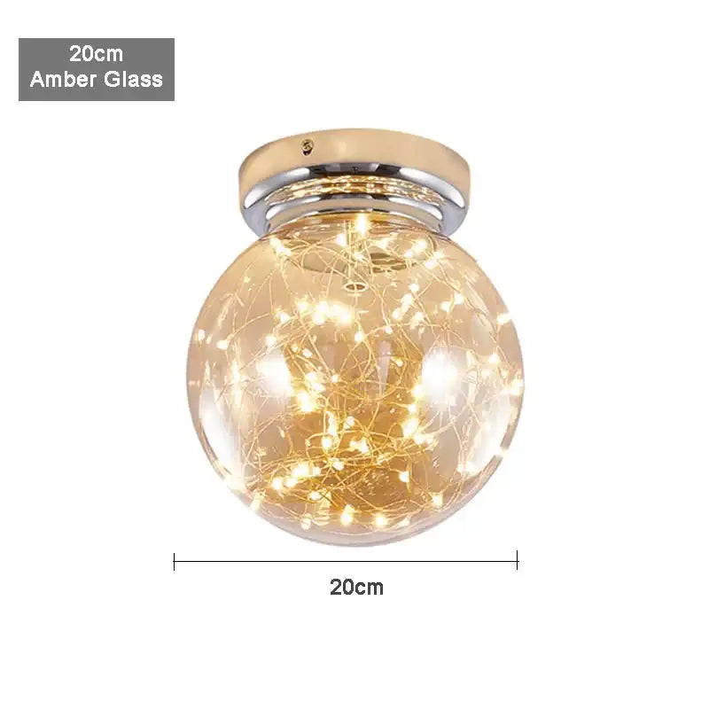 Modern chrome decorbites gypsophila led ceiling light with 20cm amber glass globe and internal fairy lights