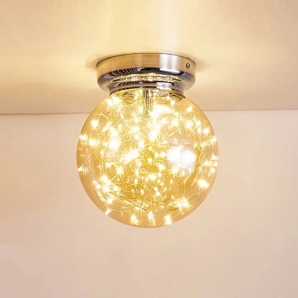 Modern chrome gypsophila led ceiling light with spherical glass globe and warm white led fairy lights for bedroom decor