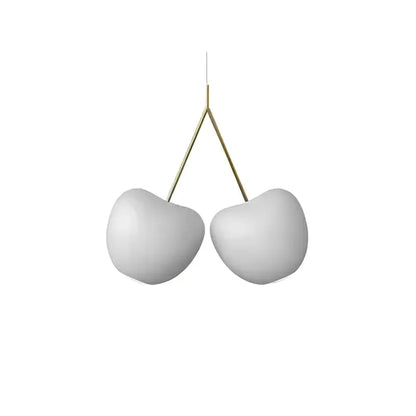 Modern chrome heart creative light chandelier featuring white ceramic cherry-shaped pendant lights with gold-toned stems