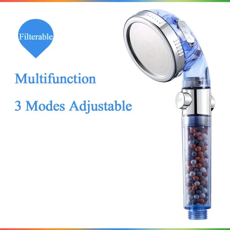 Modern chrome high pressure anion shower head with blue translucent housing, silver finish, visible filter beads, and stop button