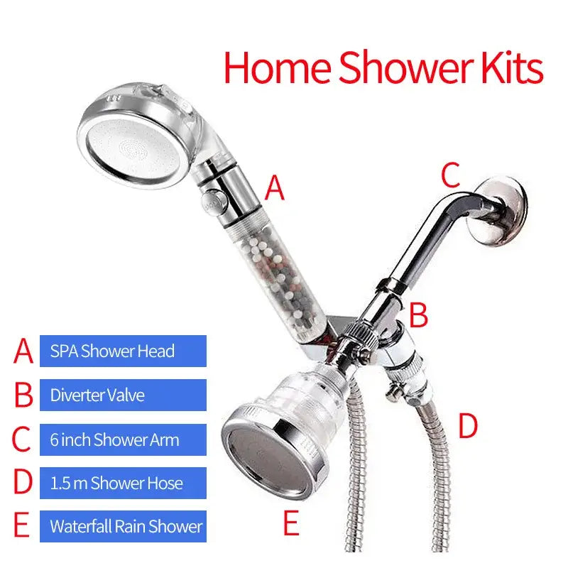 Modern chrome high pressure anion silver shower head with stop button and visible filtration beads for adjustable flow