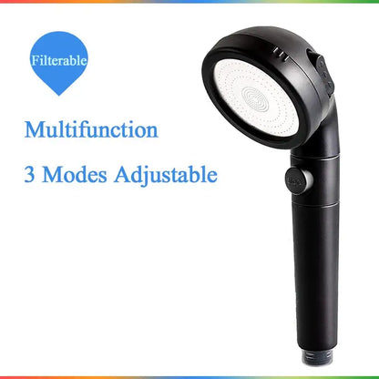 Black multifunction shower head with three spray modes filterable design and high pressure anion stop button for bathrooms