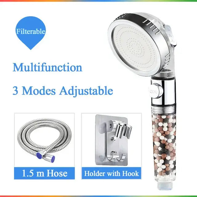 Modern chrome high pressure anion shower head with stop button and transparent filter tube with colorful beads