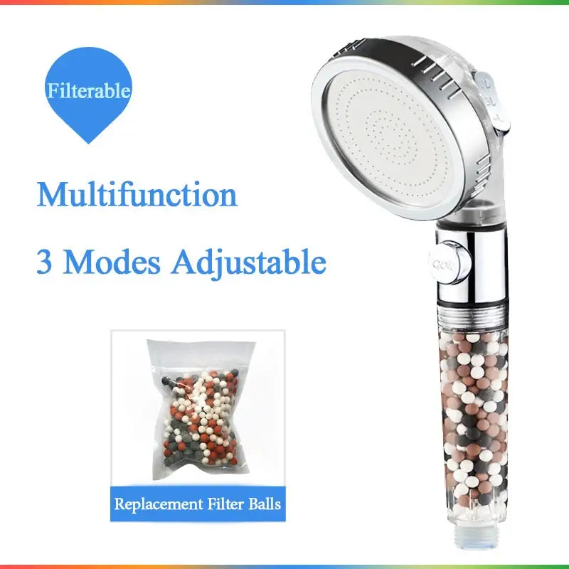 Modern chrome high pressure anion shower head with stop button silver multifunction modes and colorful filter balls