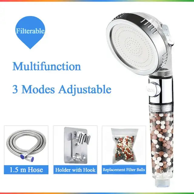 Modern chrome high pressure anion shower head with stop button and 3 adjustable modes featuring colorful filter beads