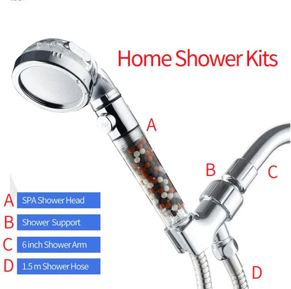 Modern chrome high pressure anion shower head with stop button and transparent filtration beads for spa bathroom use