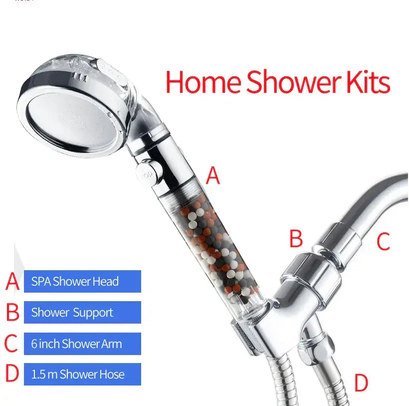 Modern chrome high pressure anion shower head with stop button and transparent filtration beads for spa bathroom use