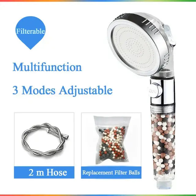 Modern chrome high pressure anion shower head with stop button and transparent filter cartridge containing colorful filter balls