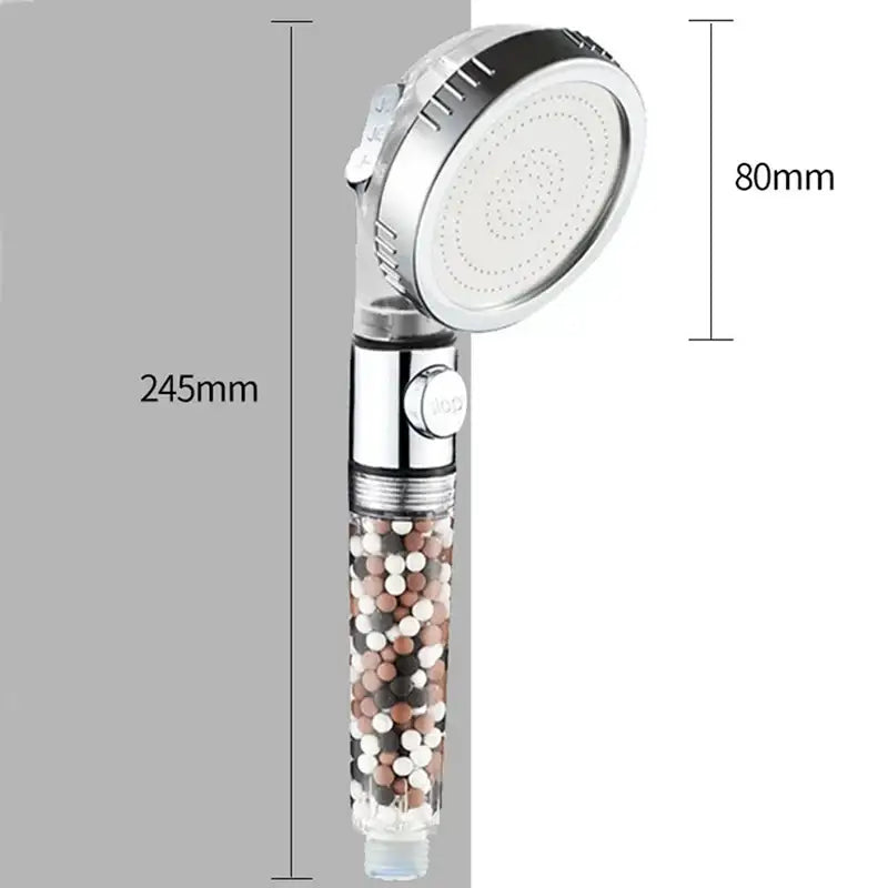 Modern chrome high pressure anion shower head with transparent body filled with multicolored filter beads and stop button