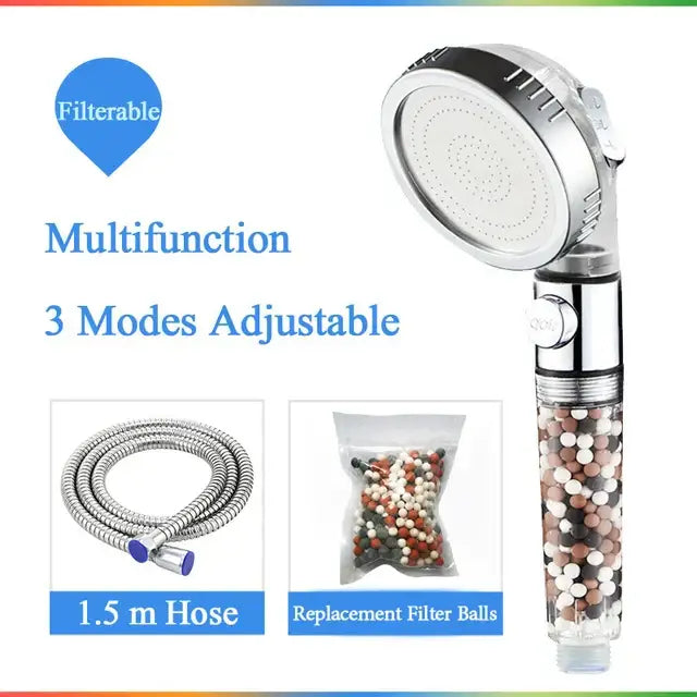 Modern chrome high pressure anion shower head with stop button features 3 modes and colorful filter balls cartridge