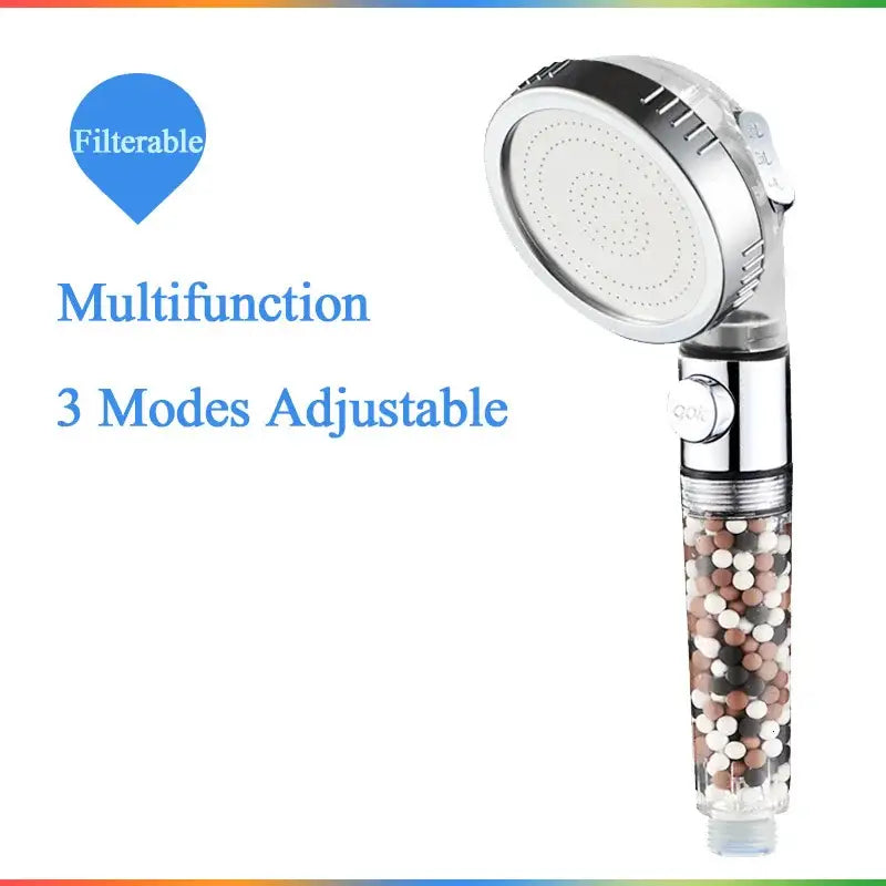 Modern chrome high pressure anion shower head with stop button and transparent filter housing containing multicolored beads