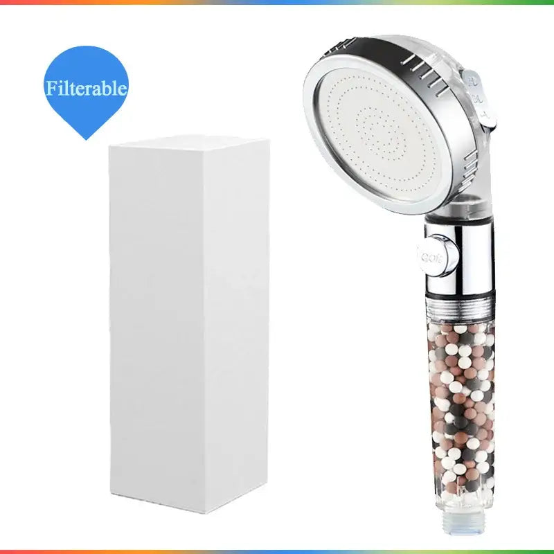 Modern chrome high pressure anion shower head with stop button and transparent filter housing with colorful beads