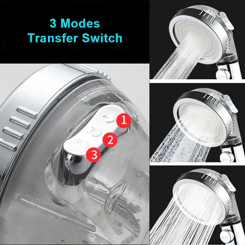 Modern chrome high pressure anion shower head with stop button and clear water-resistant housing featuring three spray modes