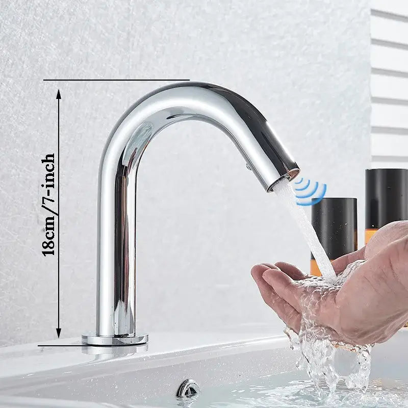 Modern chrome infrared sensor faucet with sleek curved spout featuring decorbites infrared sensor for touchless use