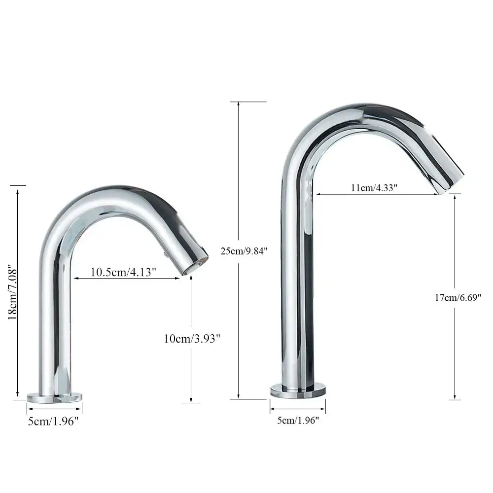 Two sleek chrome infrared sensor faucets with curved spouts and cylindrical bases for touchless bathroom use