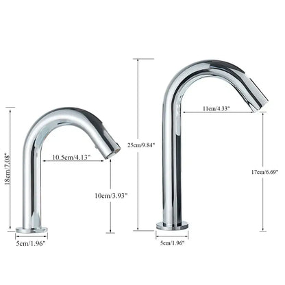 Two sleek chrome infrared sensor faucets with curved spouts and cylindrical bases for touchless bathroom use