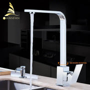 Modern chrome kitchen sink faucet with sleek angular design and 360 degree swivel single handle sink faucet