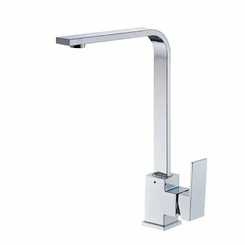 Modern chrome kitchen sink faucet with 360 swivel single handle and sleek angular high-arc spout for kitchen sink use