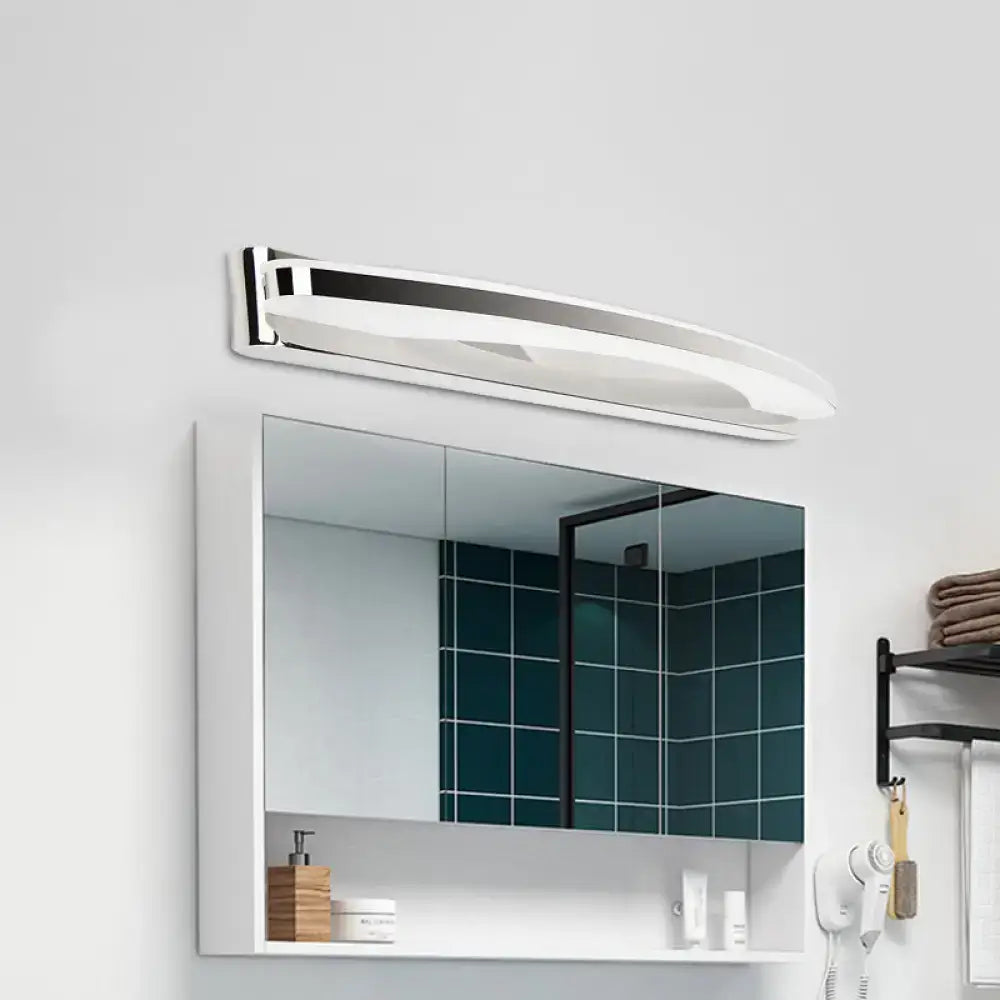 Modern chrome wall light with elongated oval acrylic shade designed as a sleek LED arc light fixture for vanity use