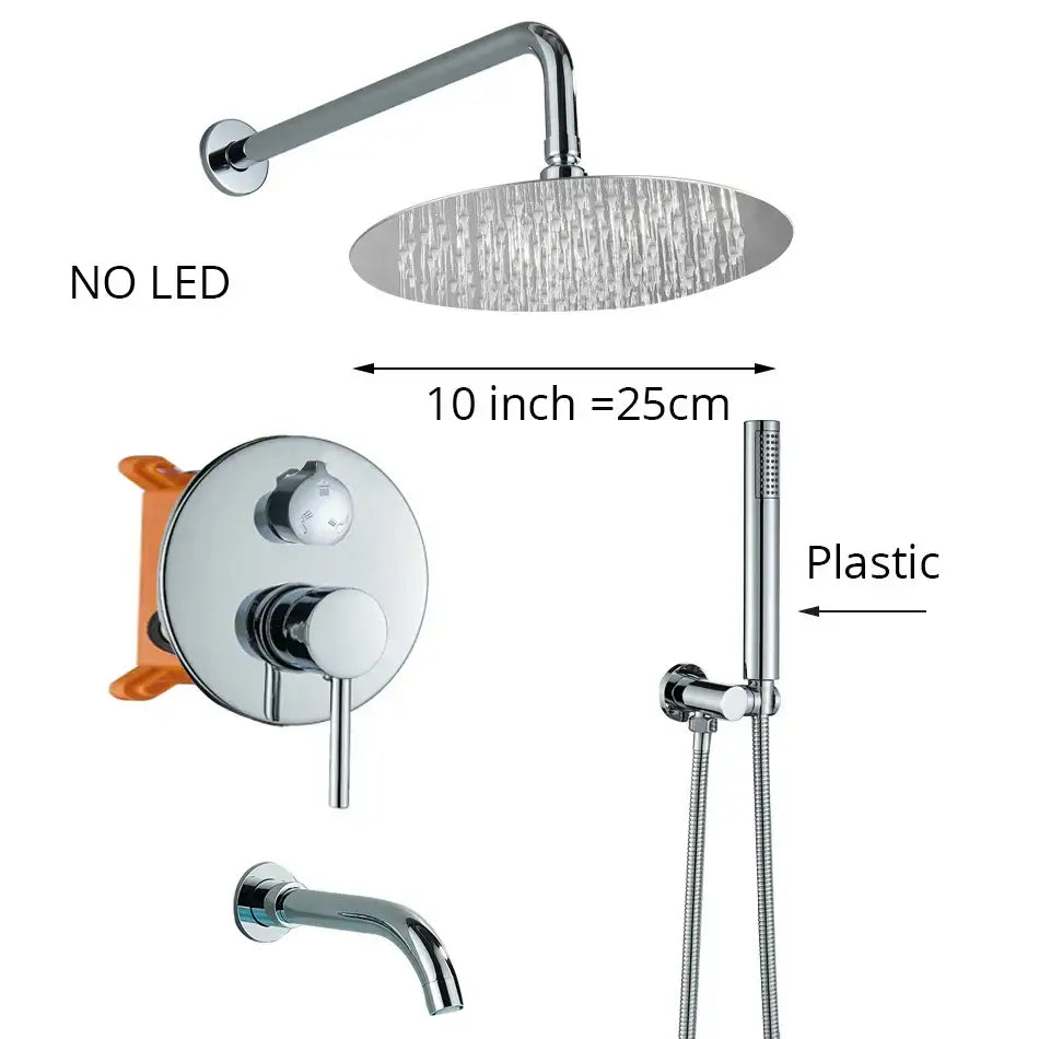 Chrome finished 10 inch round brass showerhead with water spray in modern chrome led decorbites brass shower set