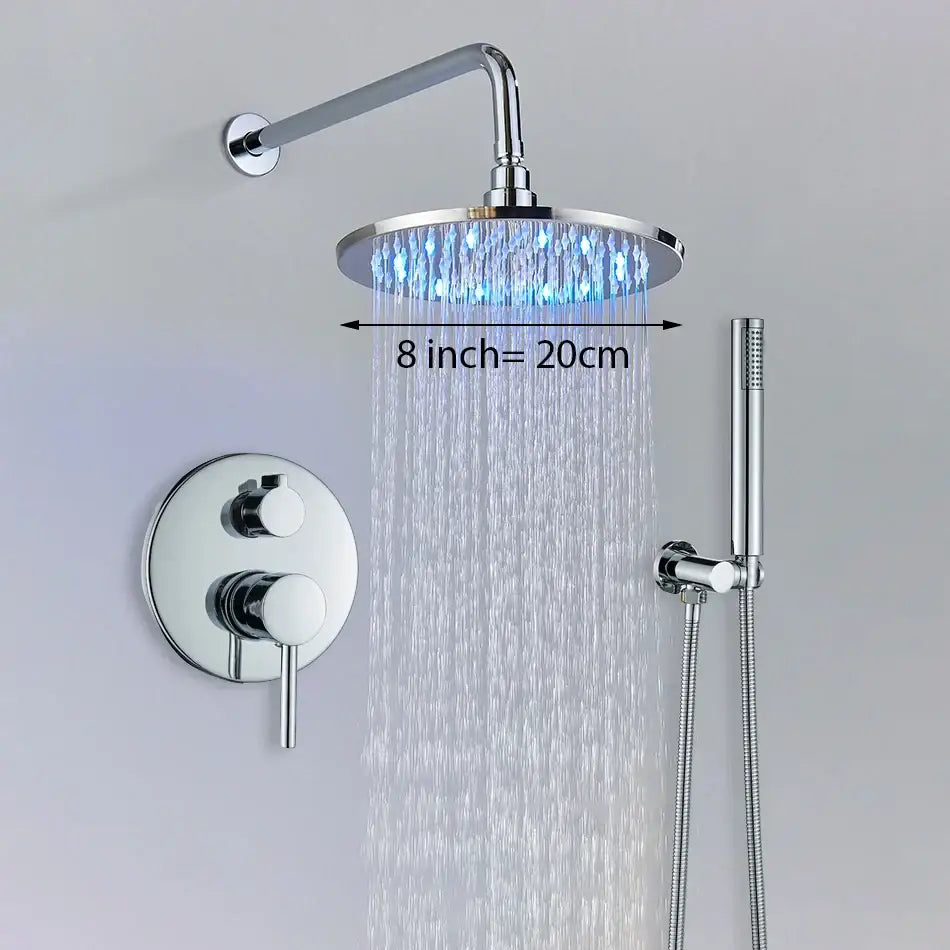 Modern chrome led brass shower set rain head with 8 inch diameter and integrated blue led lighting for bathroom decorbites brass shower