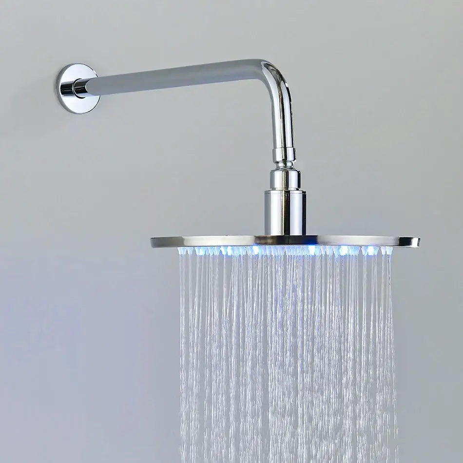 Modern chrome led brass shower set featuring a square-faced showerhead with integrated led lighting for bathroom decorbites brass shower