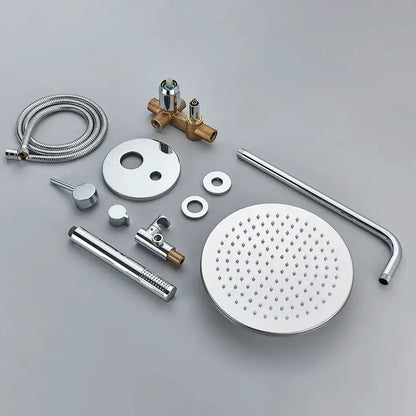 Modern chrome led brass shower set with rain head featuring a circular chrome-finished shower head with perforations for water distribution decorbites brass shower