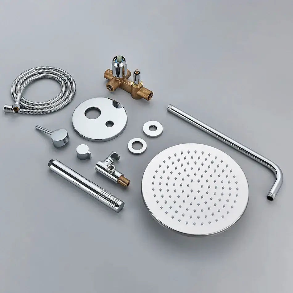 Modern chrome led brass shower set with rain head featuring a circular chrome-finished shower head with perforations for water distribution decorbites brass shower
