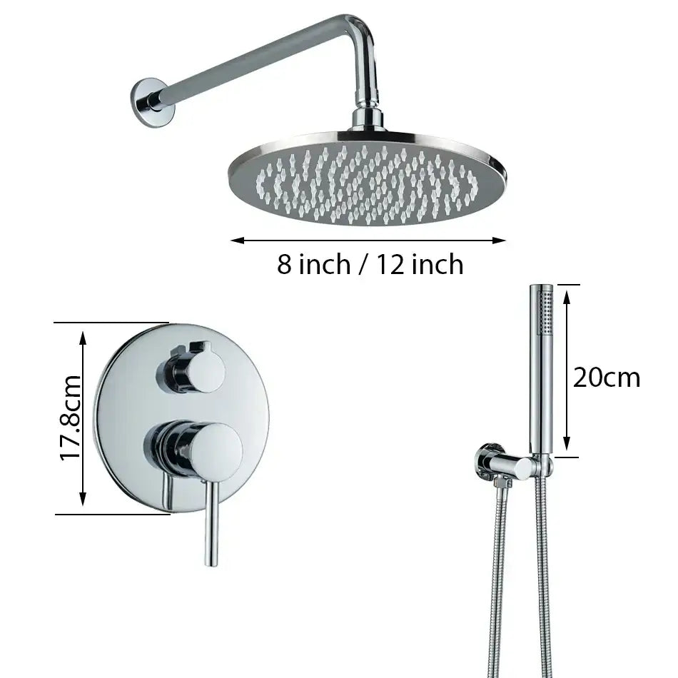 Modern chrome led brass shower set with rain head featuring wall-mounted dual knobs and adjustable handheld spray head by decorbites brass shower