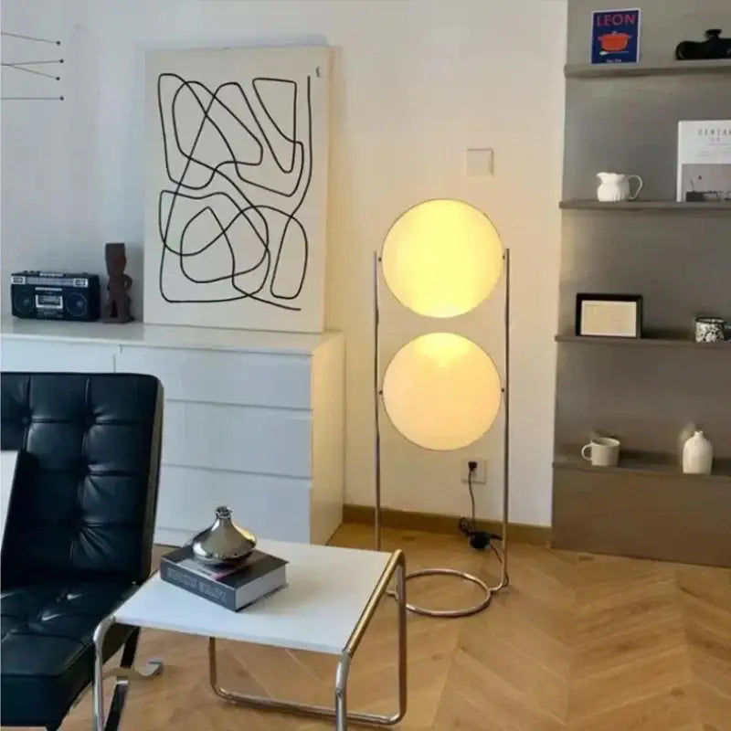 Modern chrome garrault led floor lamp with two glowing white globes and slender metallic frame for living room decorbites garrault led chrome