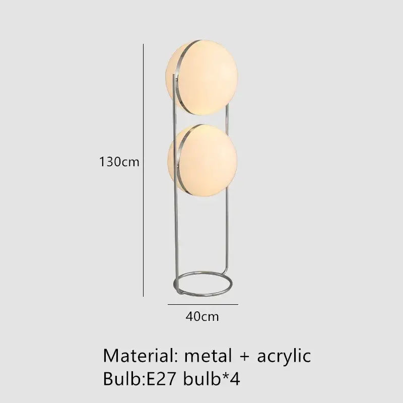 Modern chrome led floor lamp with two warm white acrylic spheres on a sleek metal frame for living room decorbites garrault led chrome
